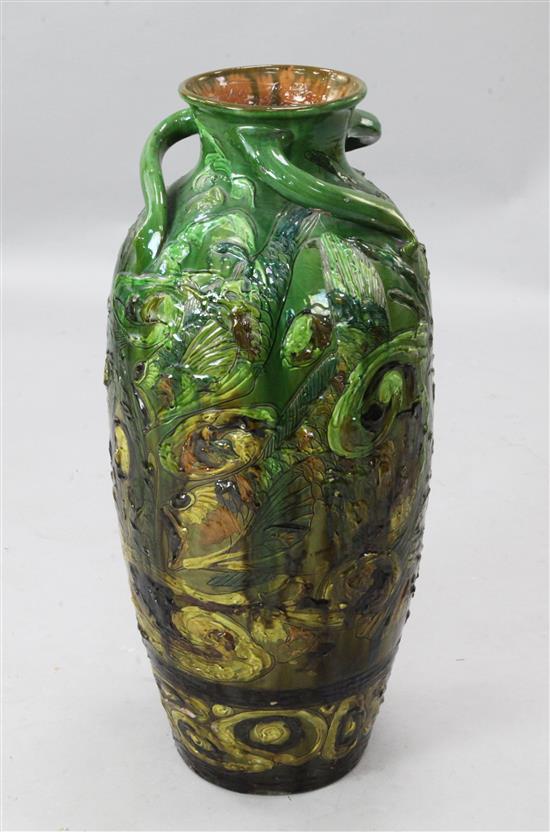 A massive C.H Brannam pottery ovoid fish vase, dated 1901, height 30in.